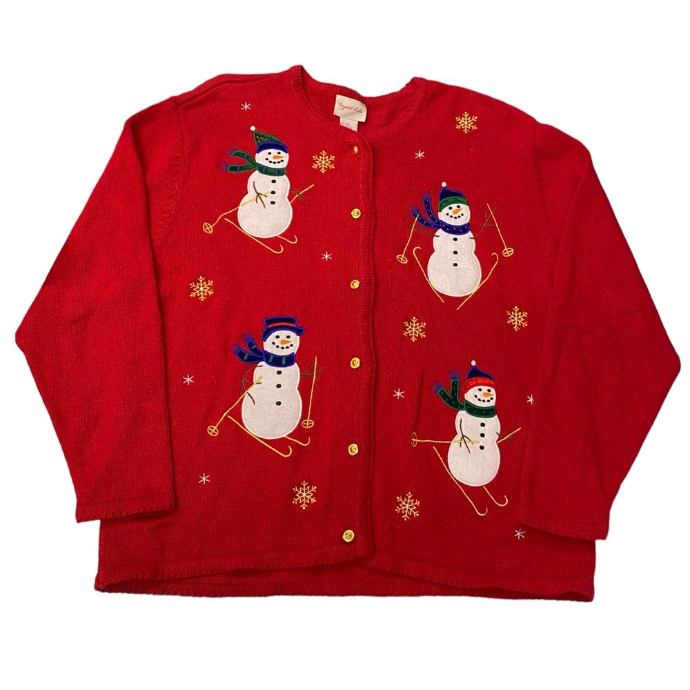 Crystal Kobe Snowmen at Play Red Embroidered Christmas Winter Cardigan Size L